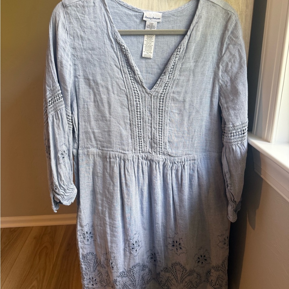 Tommy Bahama Linen Blue Embroidered Dress